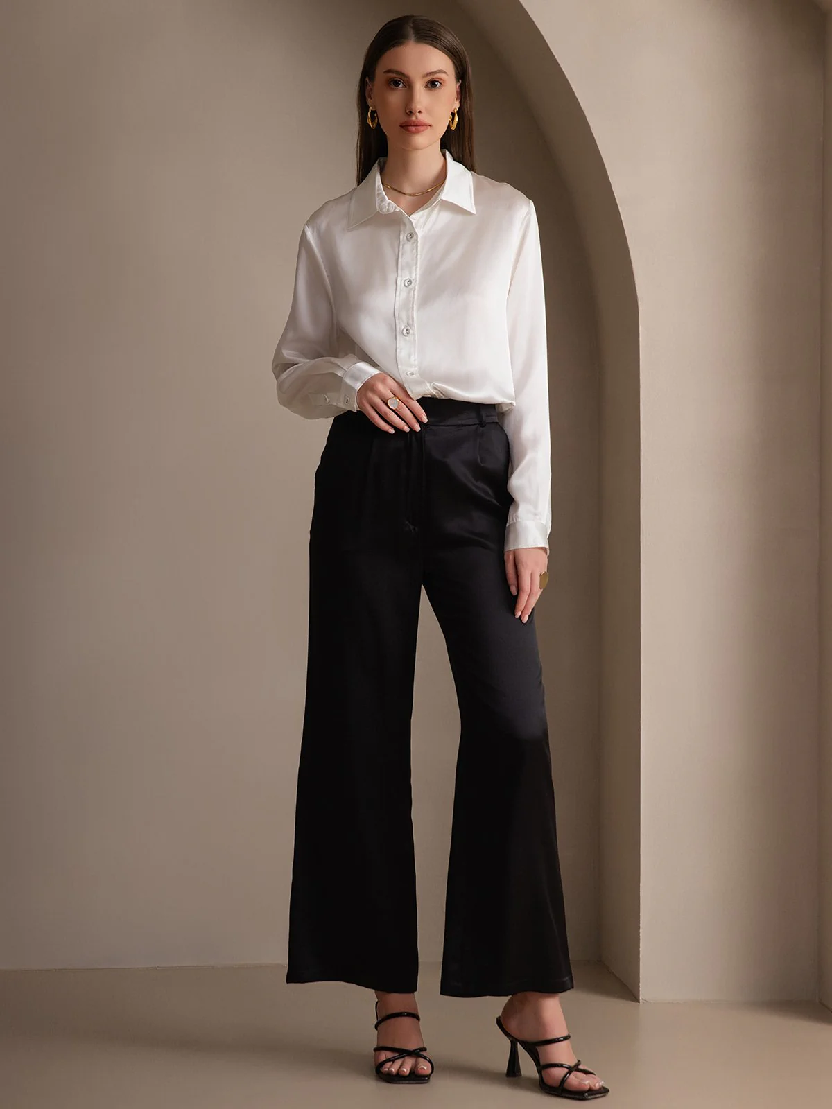 19Momme Silk Long Sleeve Lapel Collar Women's Shirt - Image 45