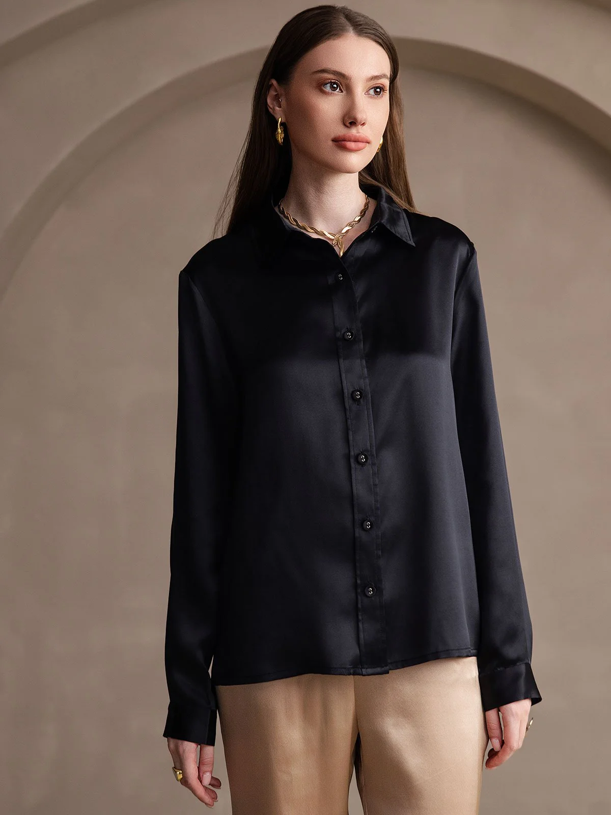19Momme Silk Long Sleeve Lapel Collar Women's Shirt - Image 46