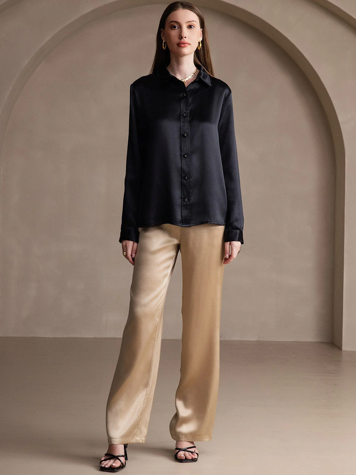 19Momme Silk Long Sleeve Lapel Collar Women's Shirt - Image 52