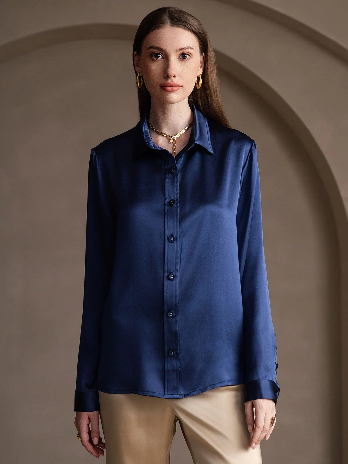 19Momme Silk Long Sleeve Lapel Collar Women's Shirt - Image 53