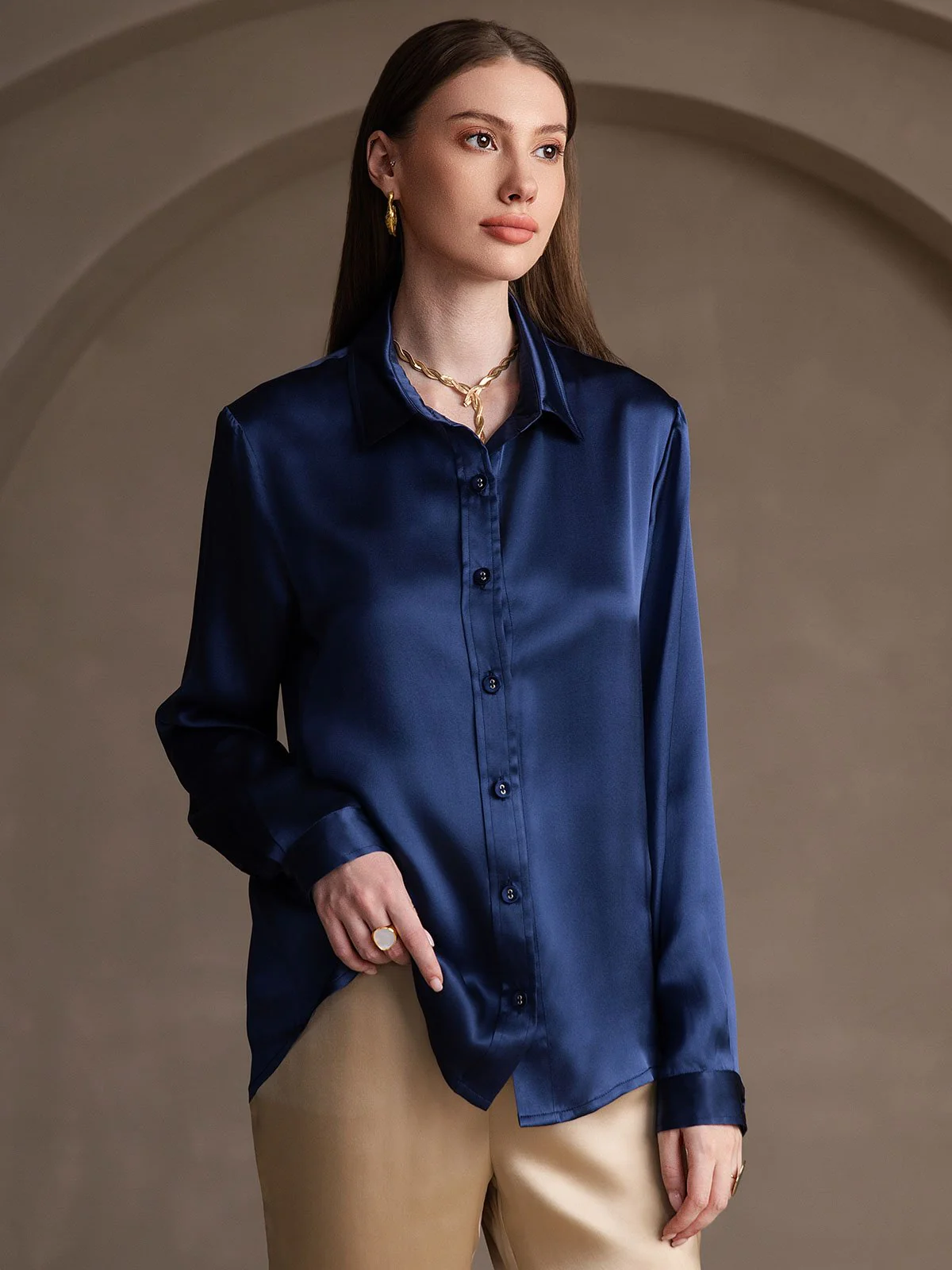 19Momme Silk Long Sleeve Lapel Collar Women's Shirt - Image 55