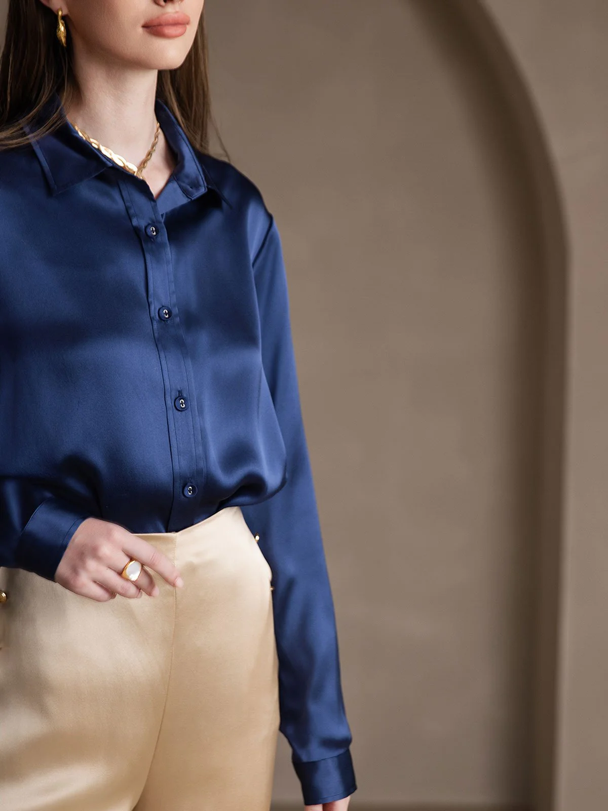 19Momme Silk Long Sleeve Lapel Collar Women's Shirt - Image 58