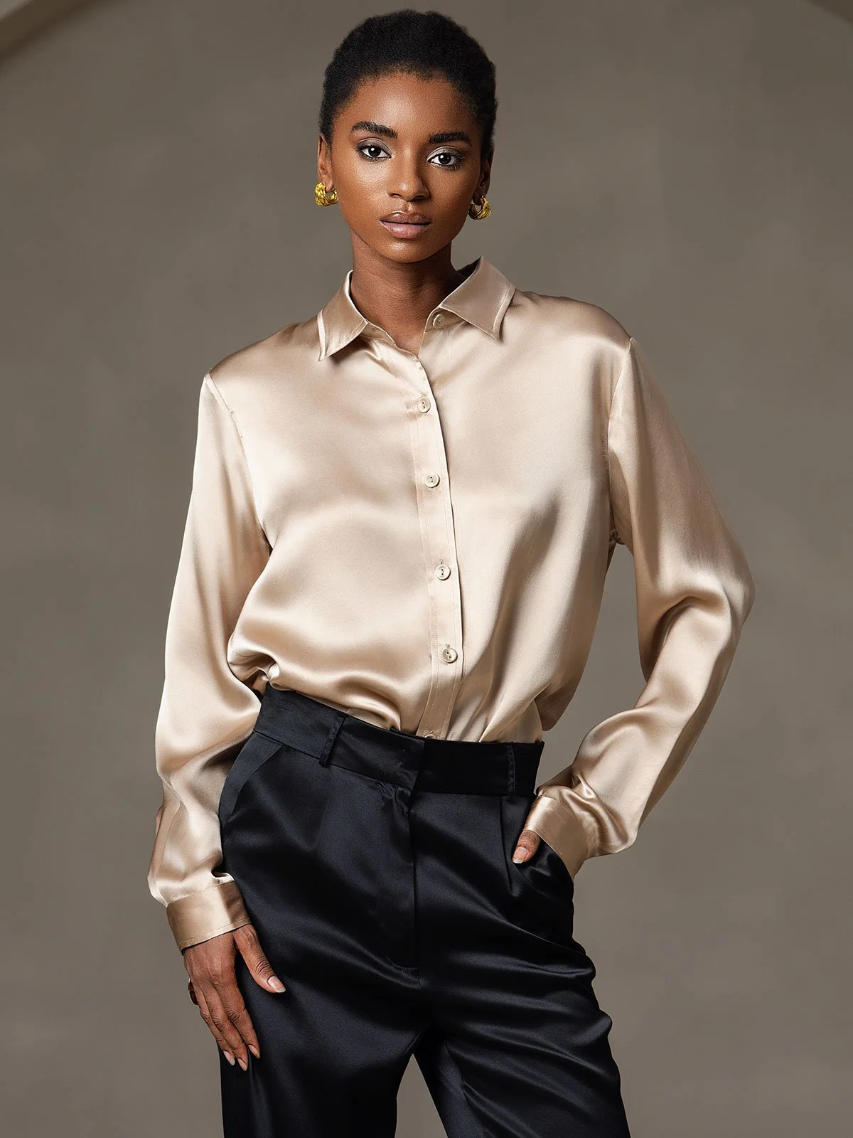 19Momme Silk Long Sleeve Lapel Collar Women's Shirt - Image 6