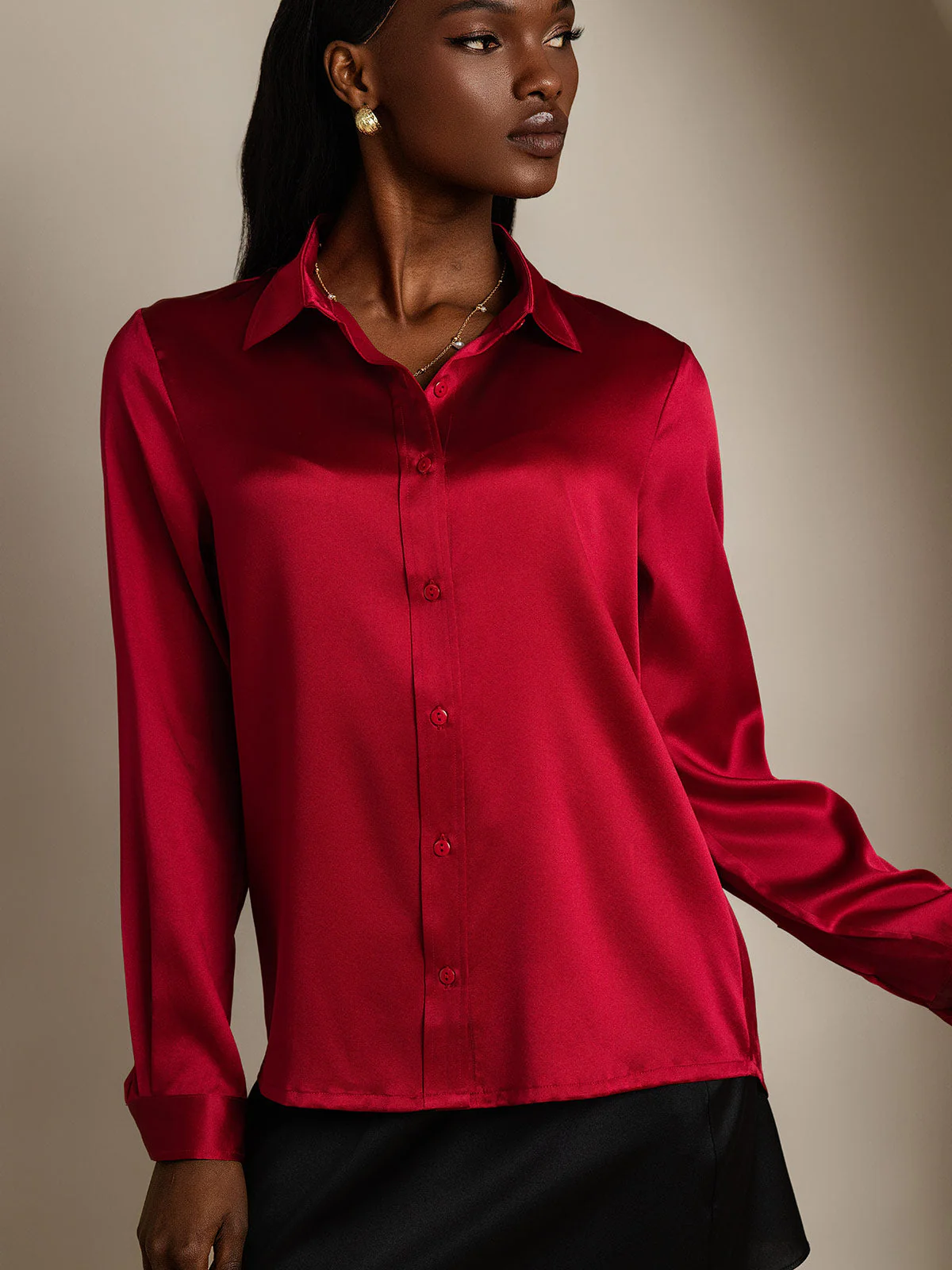 19Momme Silk Long Sleeve Lapel Collar Women's Shirt - Image 63