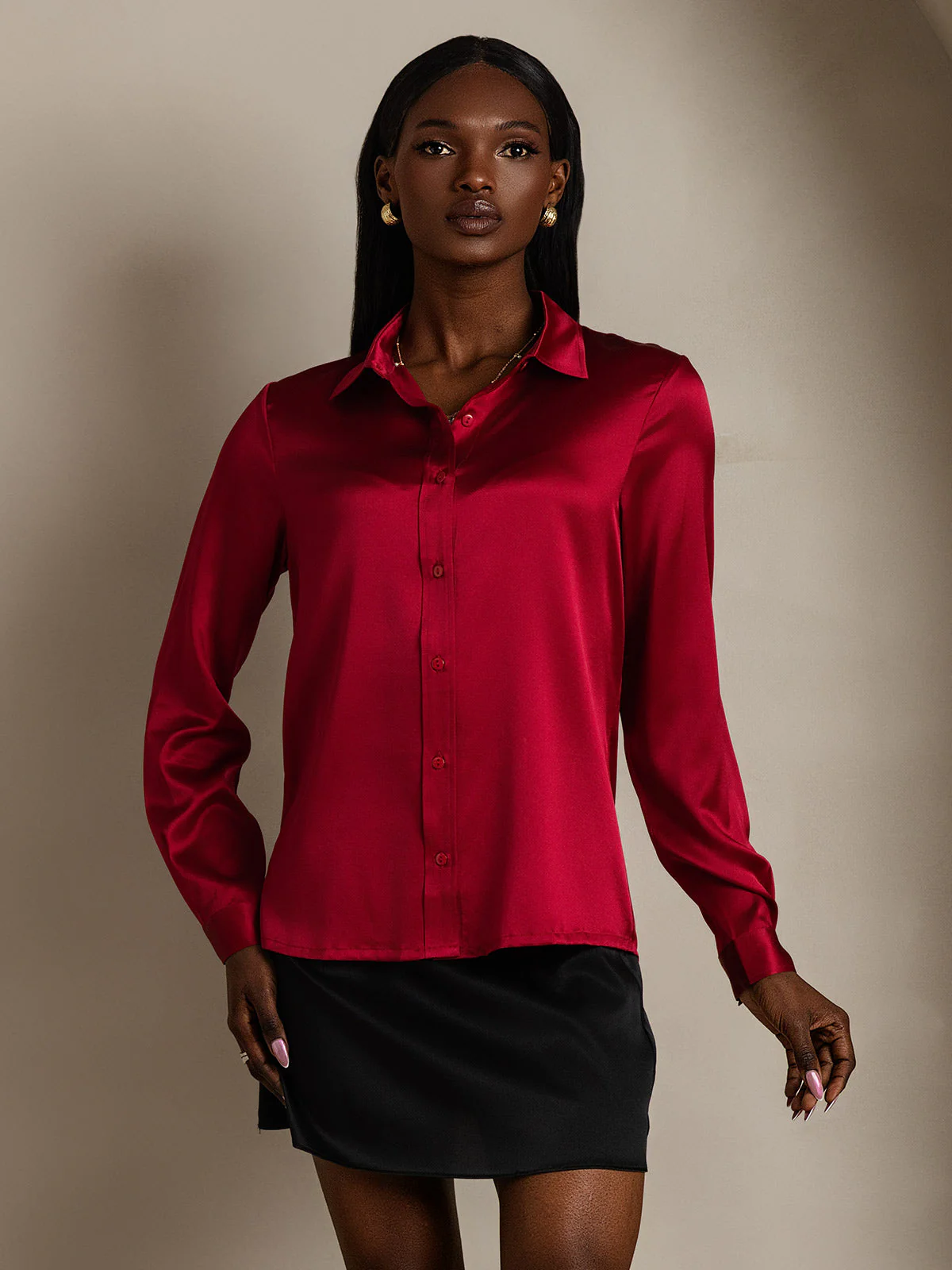 19Momme Silk Long Sleeve Lapel Collar Women's Shirt - Image 65