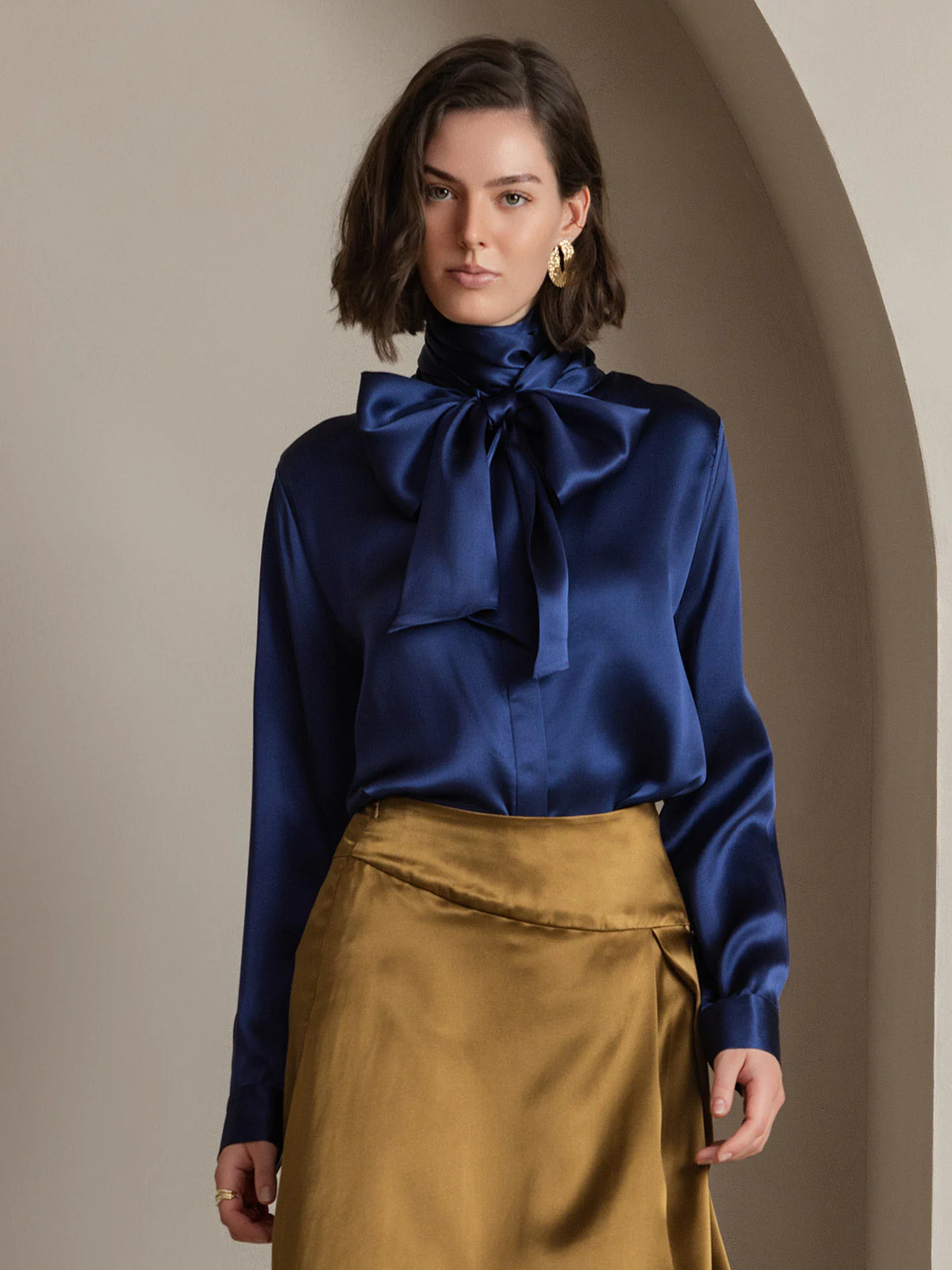 19Momme Silk Long Sleeve High Neck Bow Tie Blouse