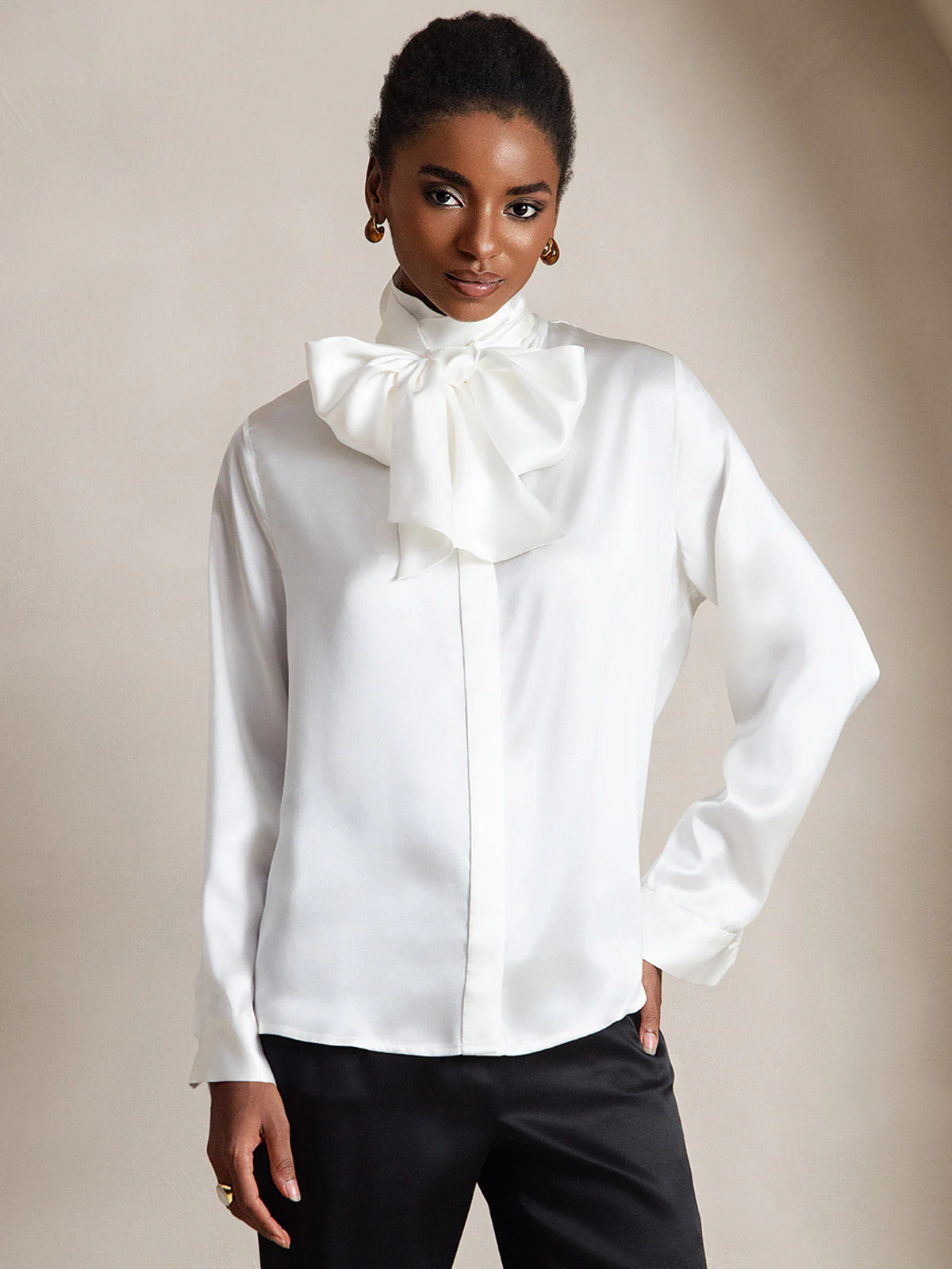 19Momme Silk Long Sleeve High Neck Bow Tie Blouse - Image 10