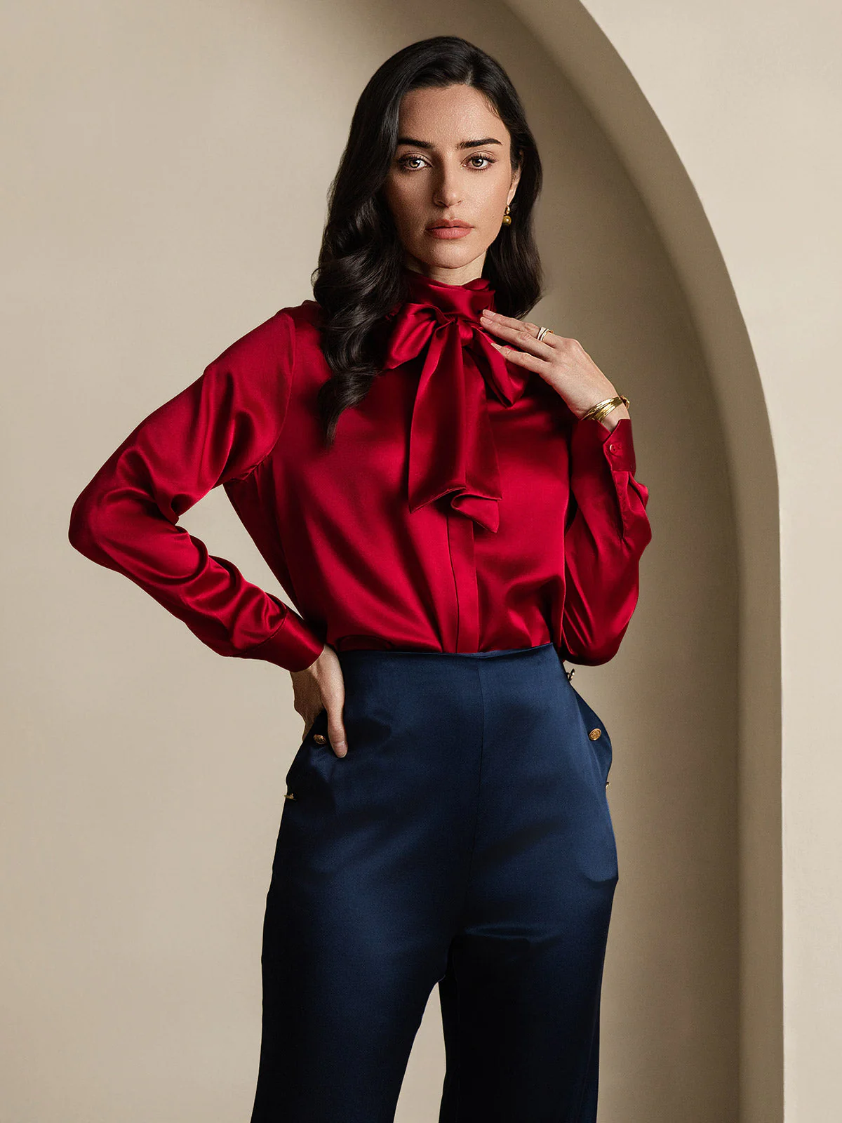 19Momme Silk Long Sleeve High Neck Bow Tie Blouse - Image 17
