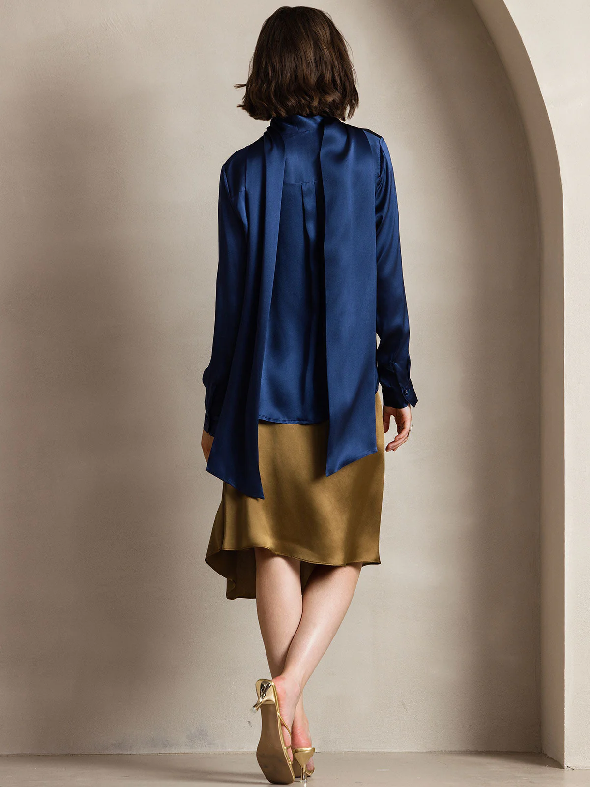 19Momme Silk Long Sleeve High Neck Bow Tie Blouse - Image 2