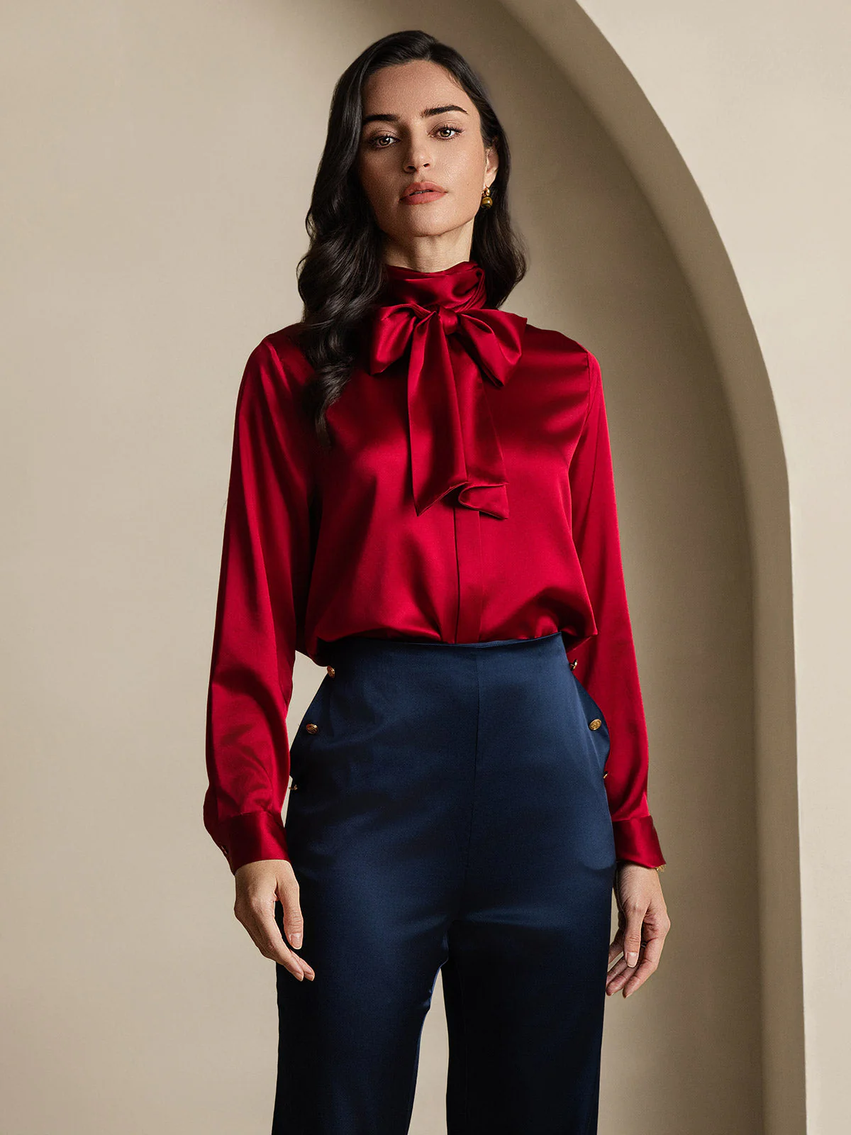 19Momme Silk Long Sleeve High Neck Bow Tie Blouse - Image 21