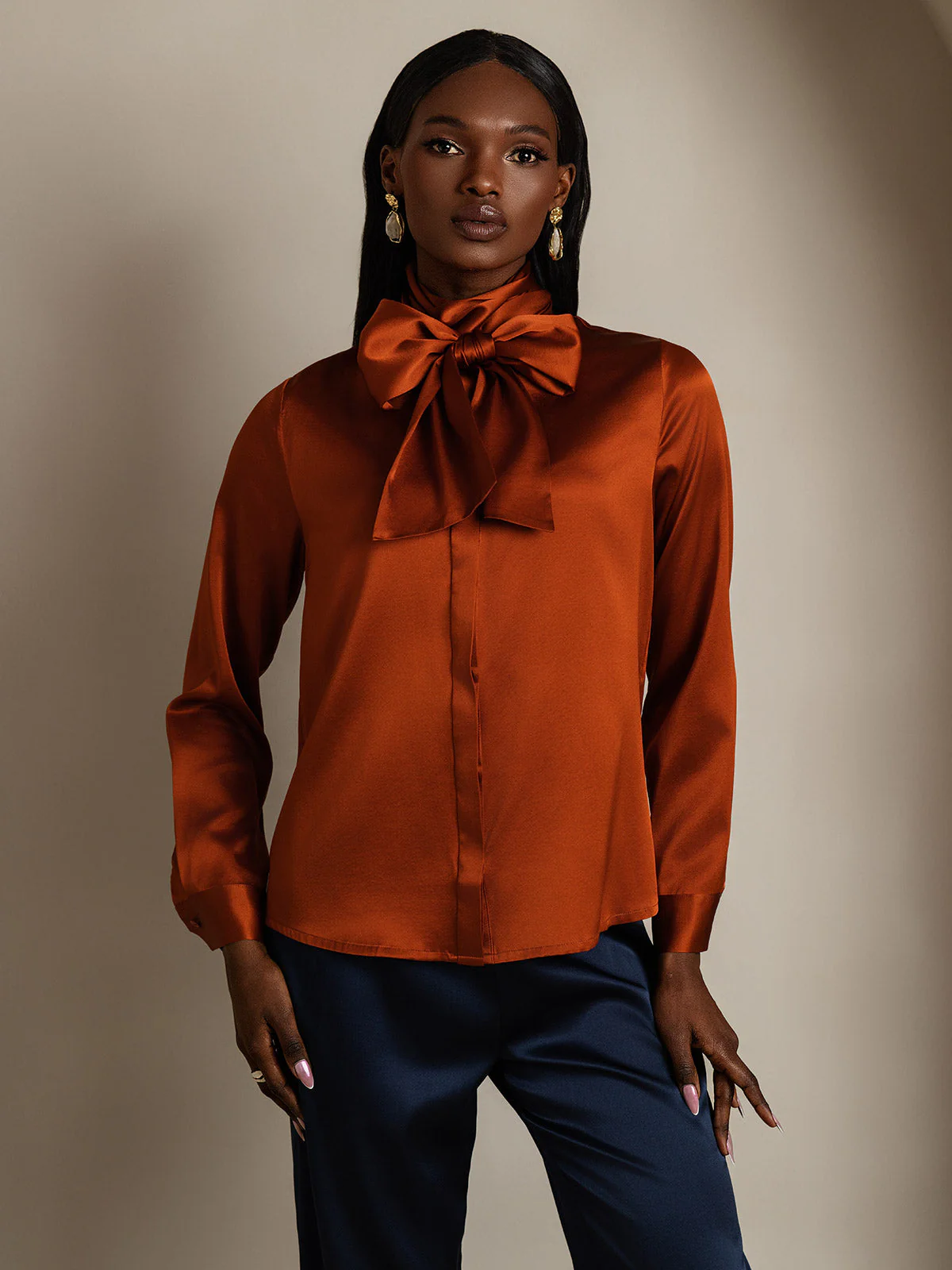 19Momme Silk Long Sleeve High Neck Bow Tie Blouse - Image 25