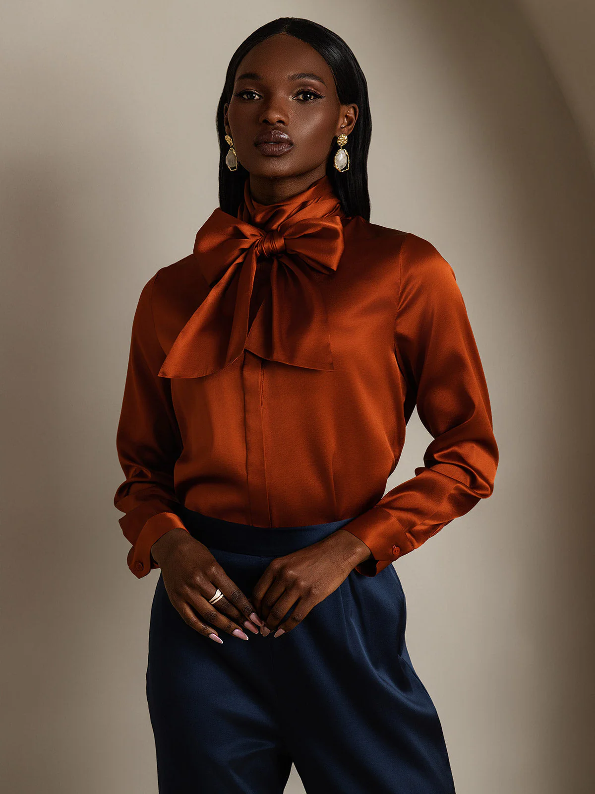 19Momme Silk Long Sleeve High Neck Bow Tie Blouse - Image 26
