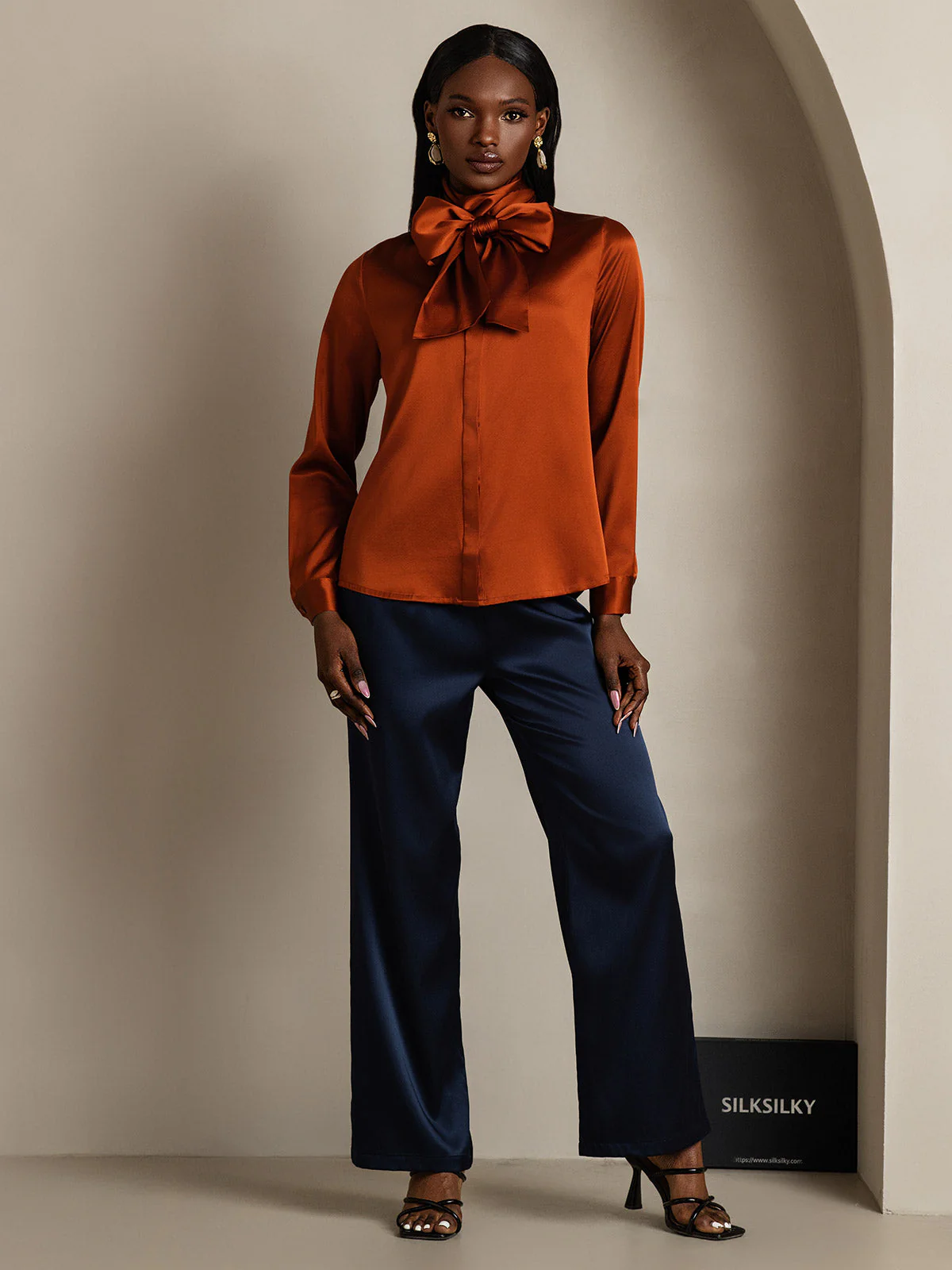 19Momme Silk Long Sleeve High Neck Bow Tie Blouse - Image 29