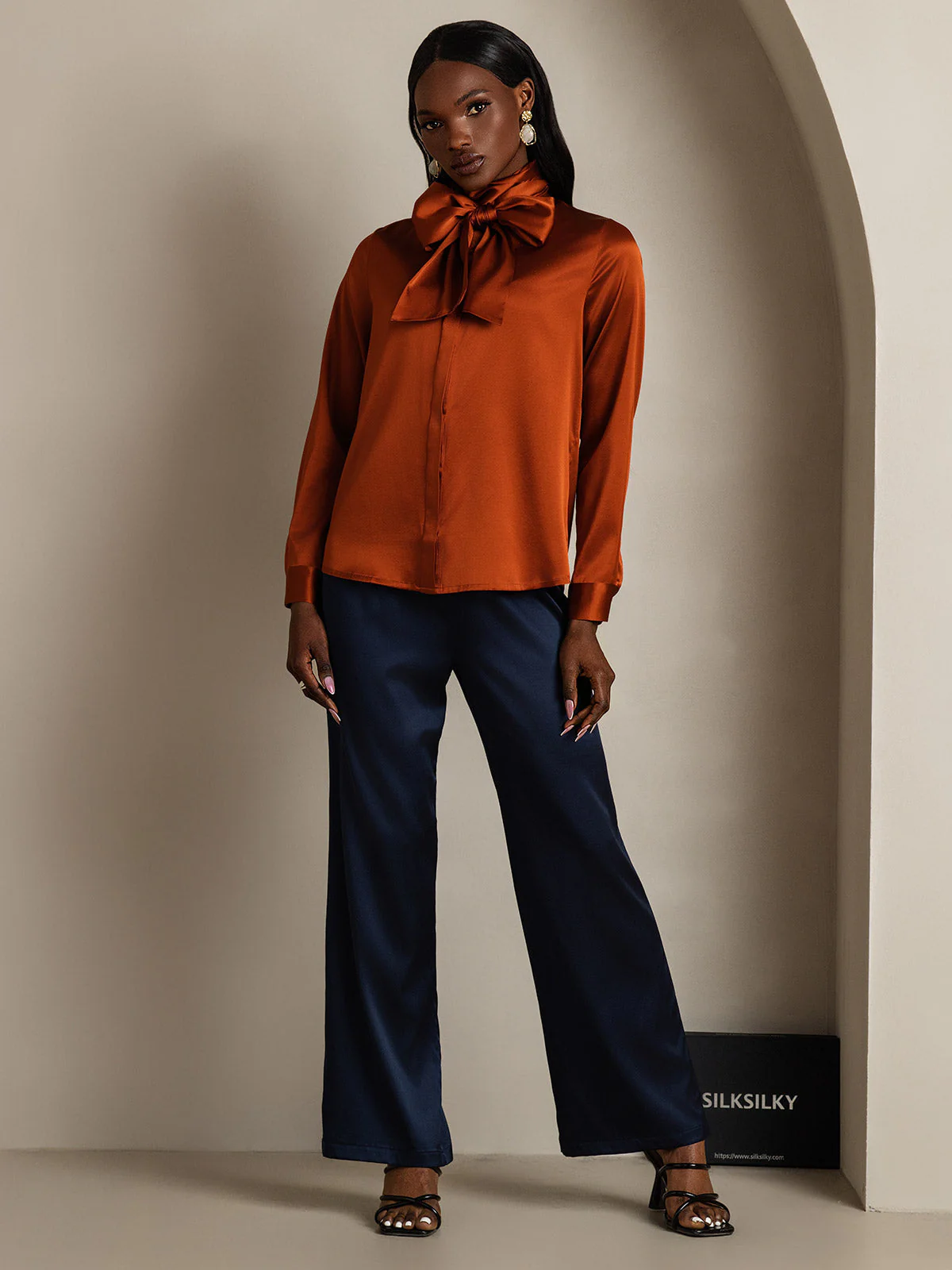 19Momme Silk Long Sleeve High Neck Bow Tie Blouse - Image 30