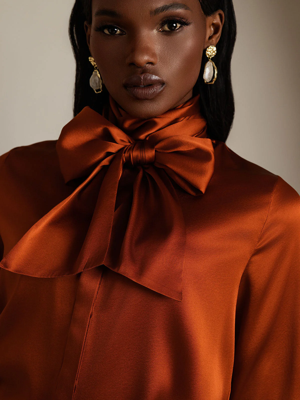19Momme Silk Long Sleeve High Neck Bow Tie Blouse - Image 32