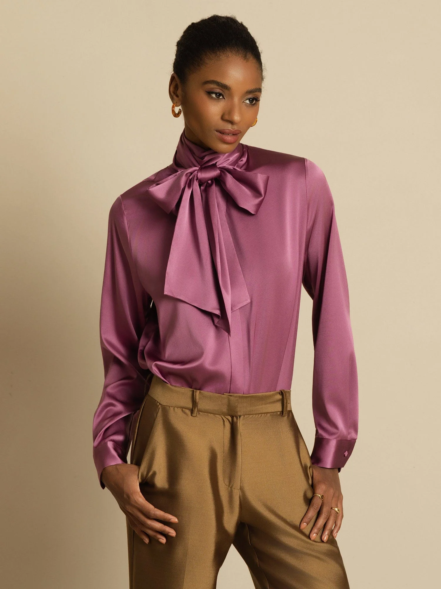 19Momme Silk Long Sleeve High Neck Bow Tie Blouse - Image 33