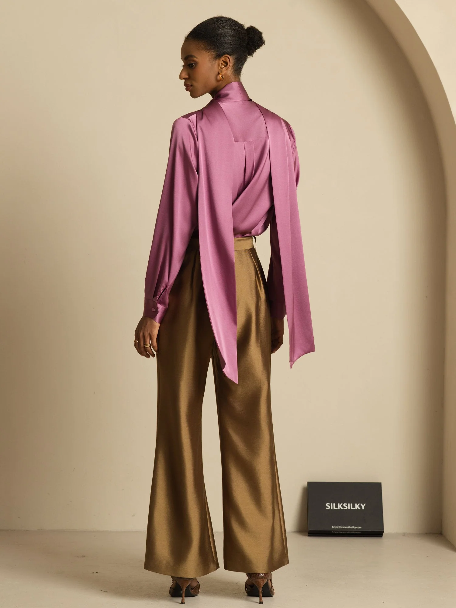 19Momme Silk Long Sleeve High Neck Bow Tie Blouse - Image 34