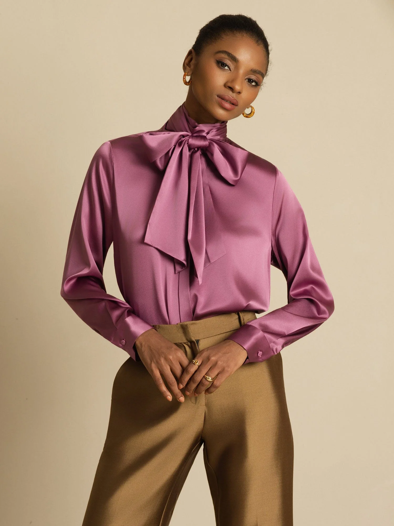 19Momme Silk Long Sleeve High Neck Bow Tie Blouse - Image 35