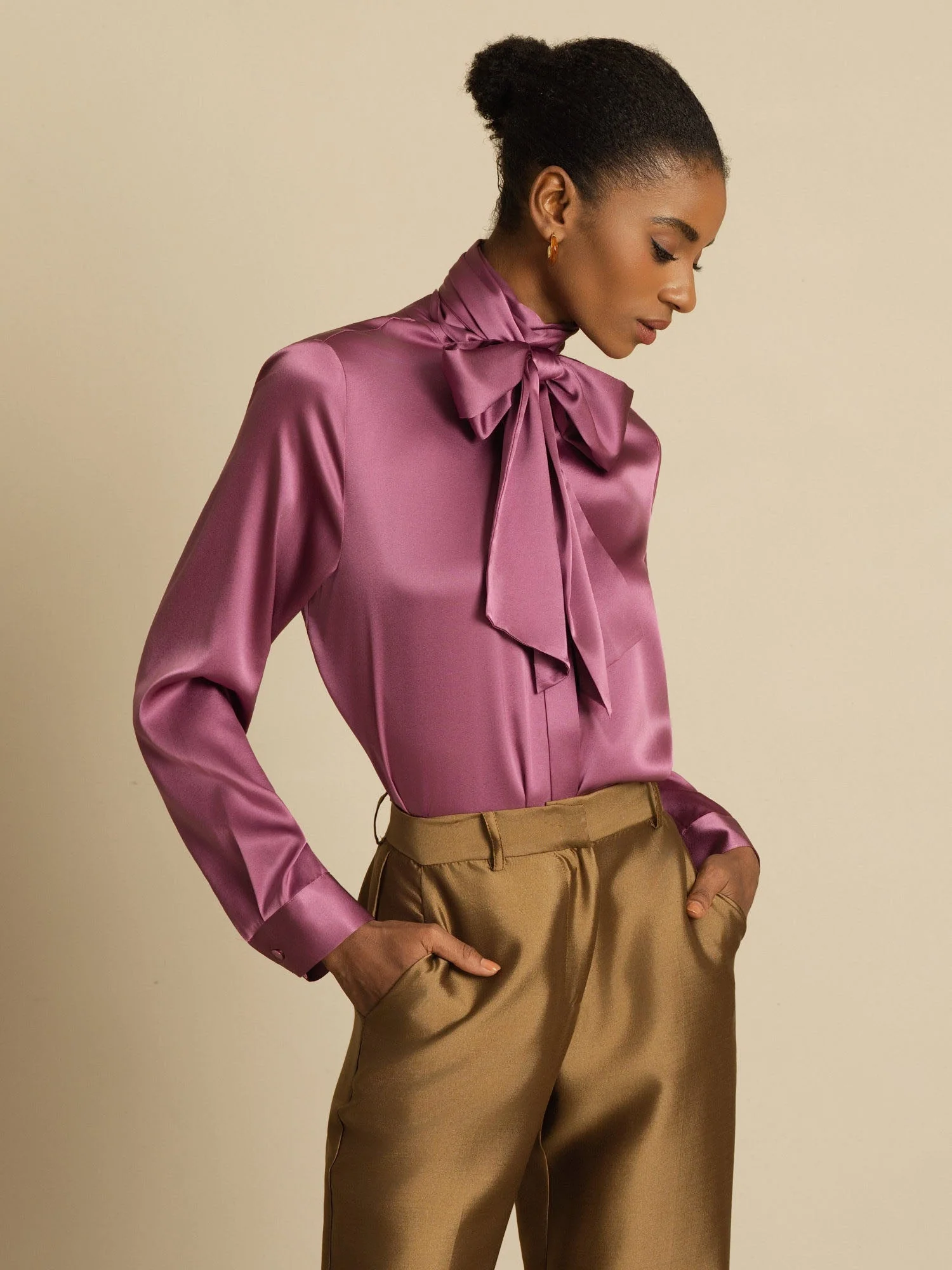 19Momme Silk Long Sleeve High Neck Bow Tie Blouse - Image 36