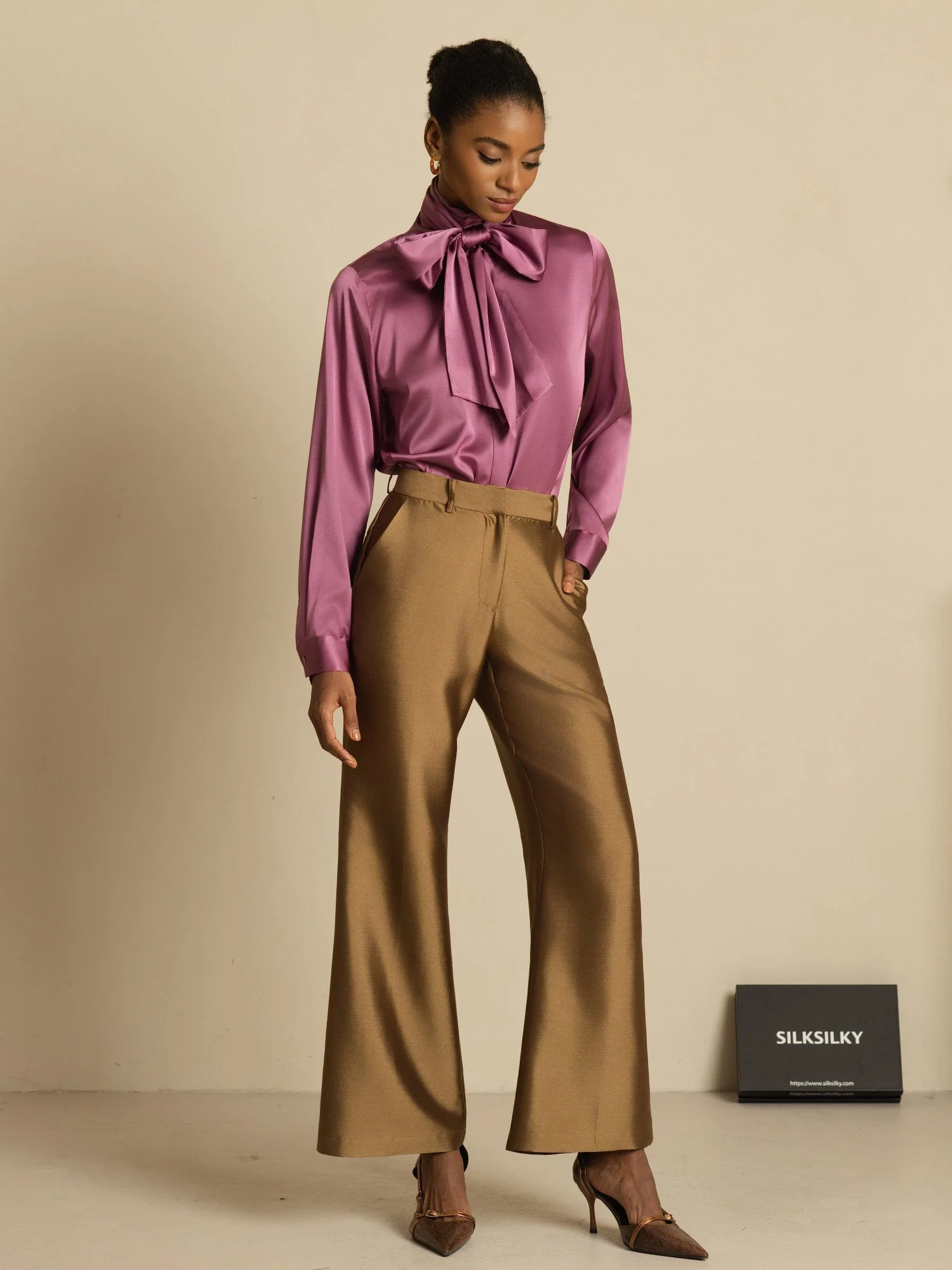 19Momme Silk Long Sleeve High Neck Bow Tie Blouse - Image 38