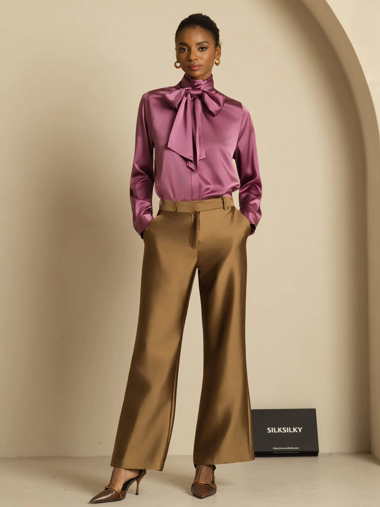 19Momme Silk Long Sleeve High Neck Bow Tie Blouse - Image 39