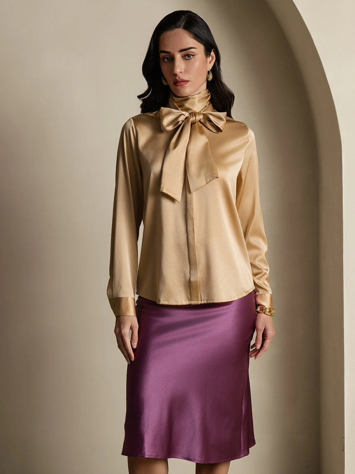 19Momme Silk Long Sleeve High Neck Bow Tie Blouse - Image 40