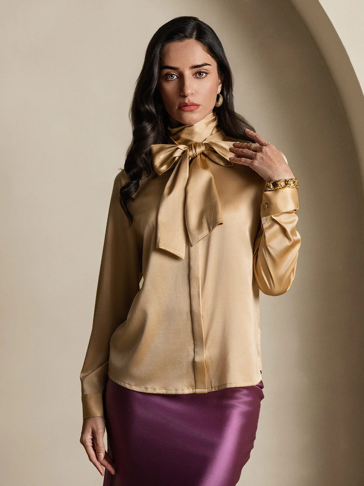 19Momme Silk Long Sleeve High Neck Bow Tie Blouse - Image 43