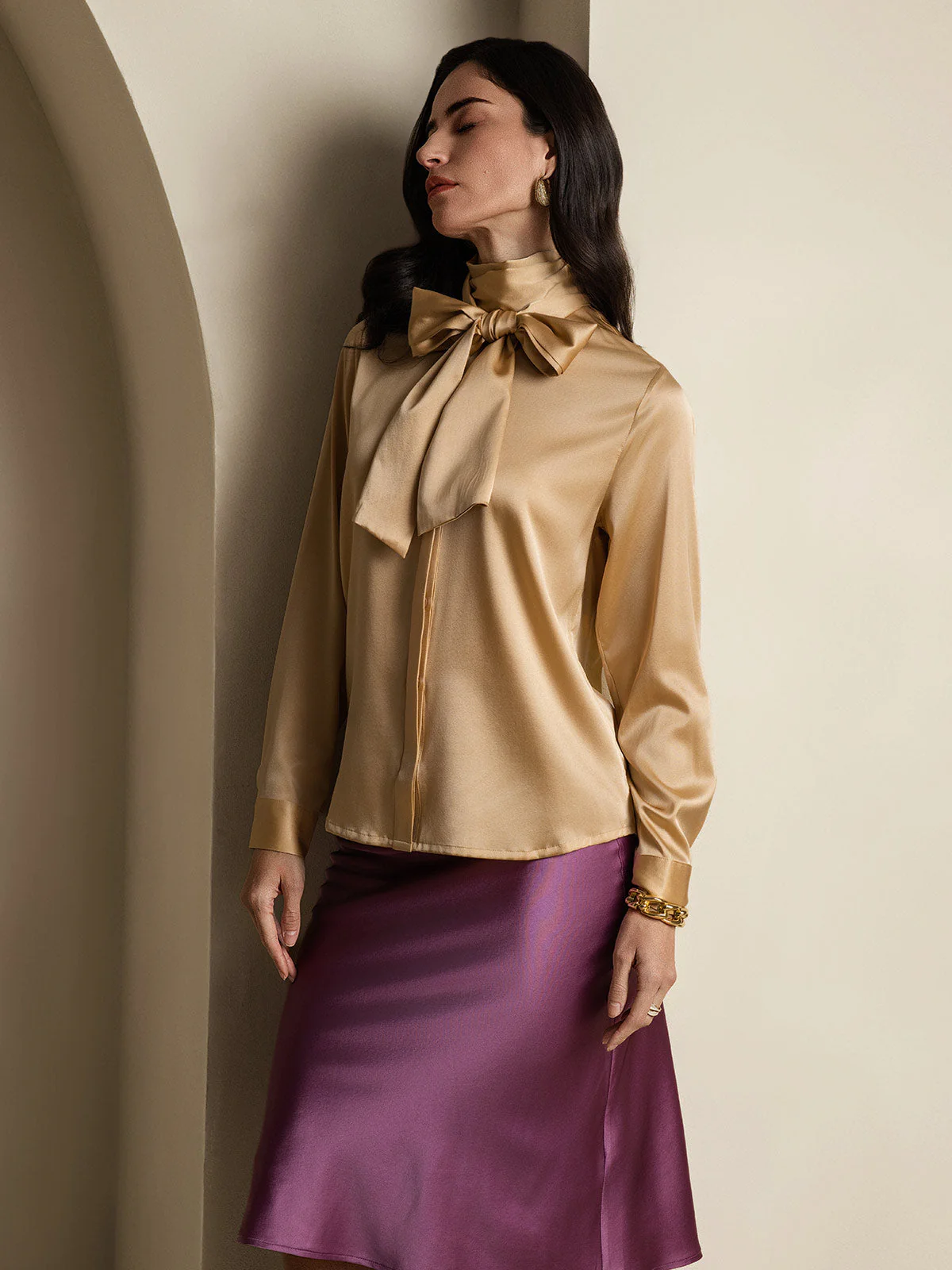 19Momme Silk Long Sleeve High Neck Bow Tie Blouse - Image 44