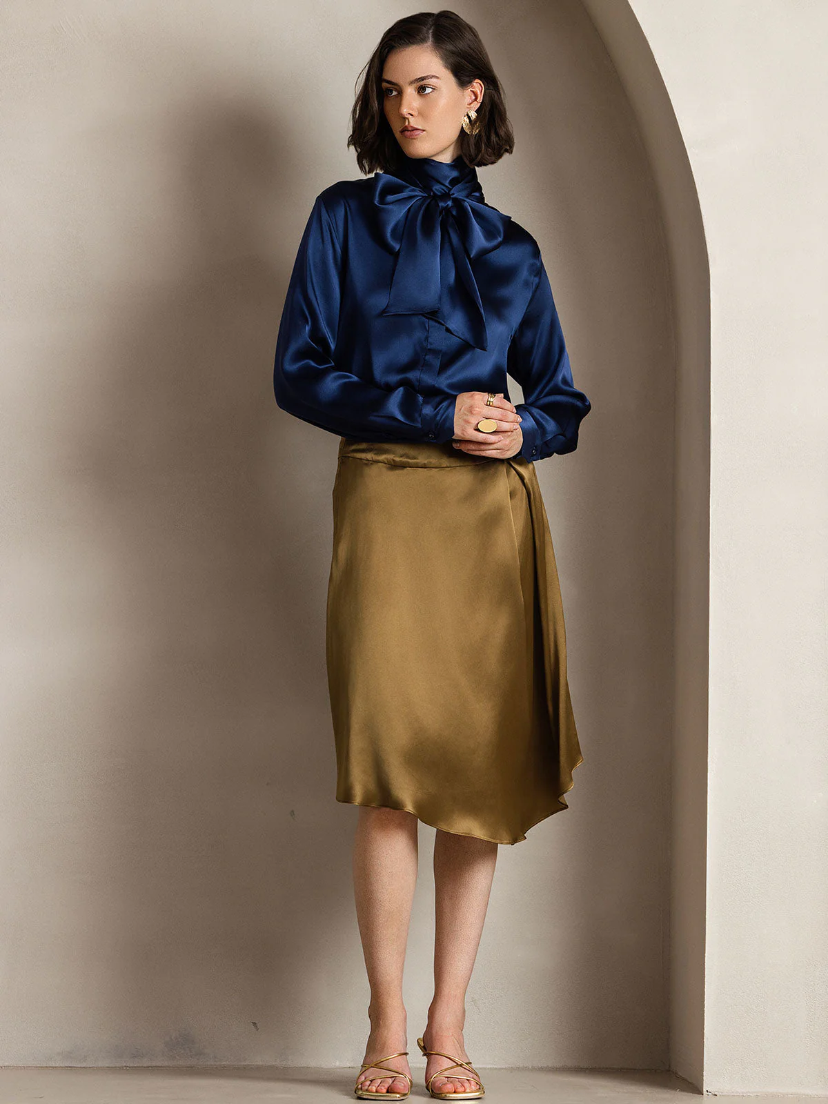 19Momme Silk Long Sleeve High Neck Bow Tie Blouse - Image 6