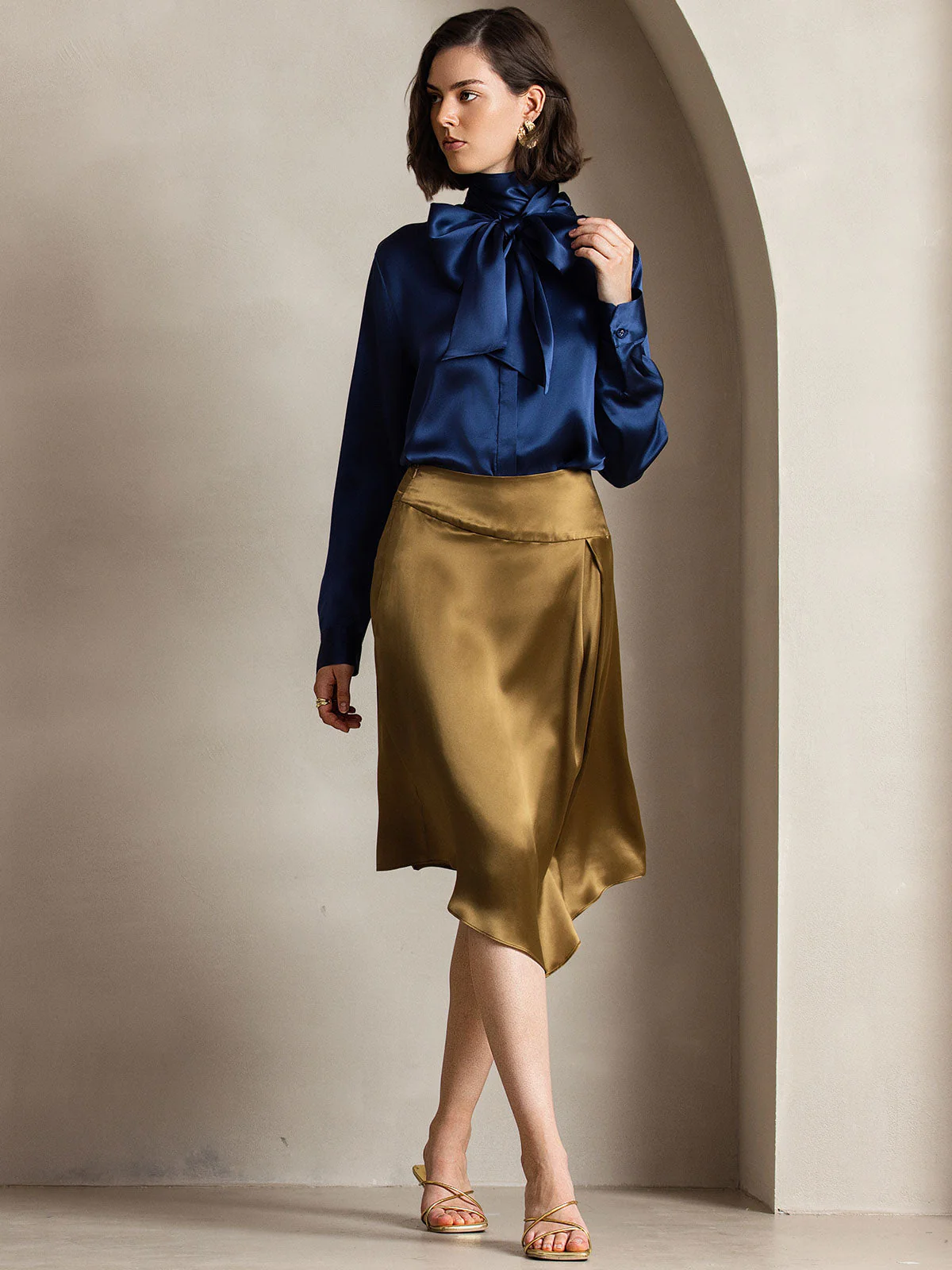 19Momme Silk Long Sleeve High Neck Bow Tie Blouse - Image 7