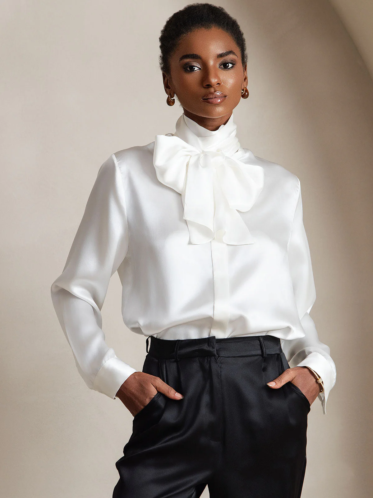 19Momme Silk Long Sleeve High Neck Bow Tie Blouse - Image 8