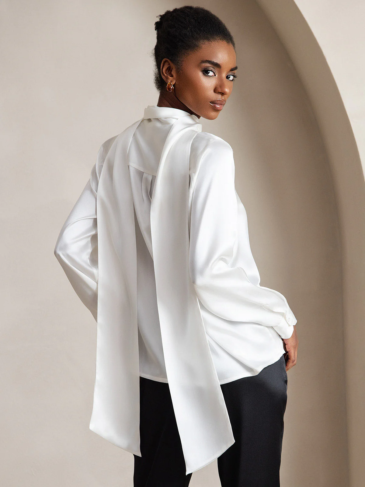 19Momme Silk Long Sleeve High Neck Bow Tie Blouse - Image 9