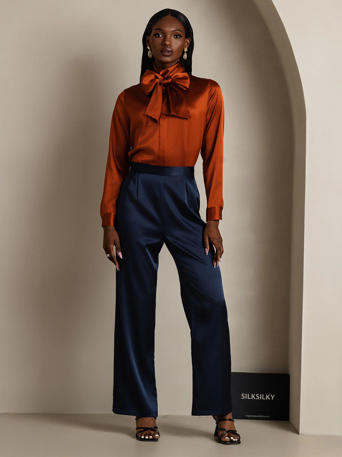 Clearance(Ships to UK Only) - 19Momme Silk Long Sleeve High Neck Bow Tie Blouse - Image 6