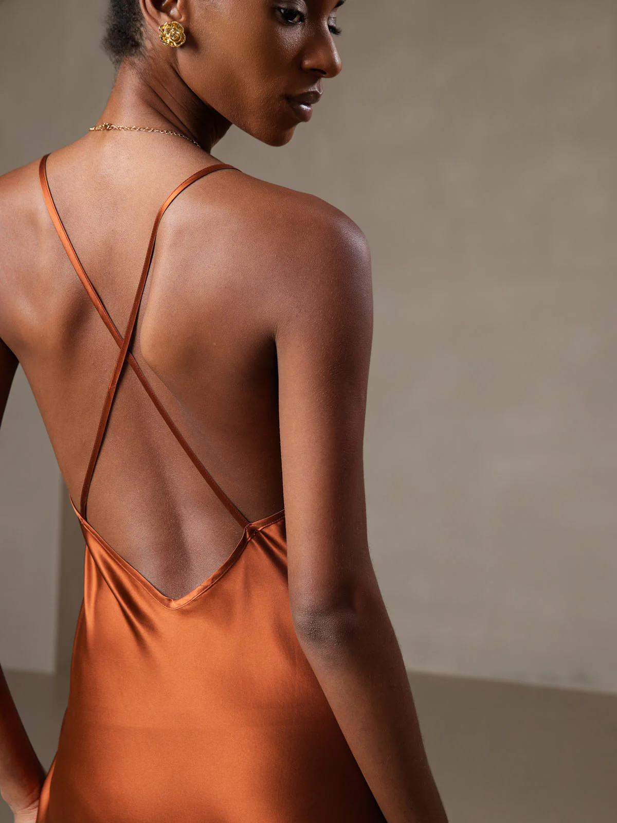 Pure Silk Spaghetti Strap V Neck Midi Dress with Criss Cross Back Design - Image 12