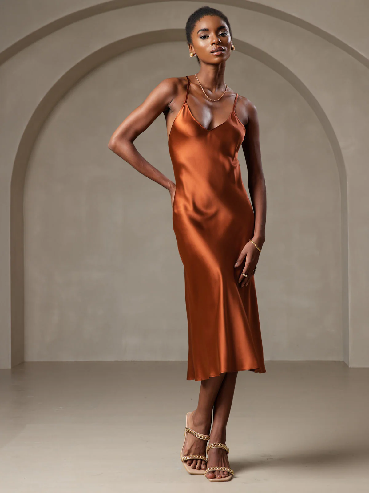 Pure Silk Spaghetti Strap V Neck Midi Dress with Criss Cross Back Design - Image 14
