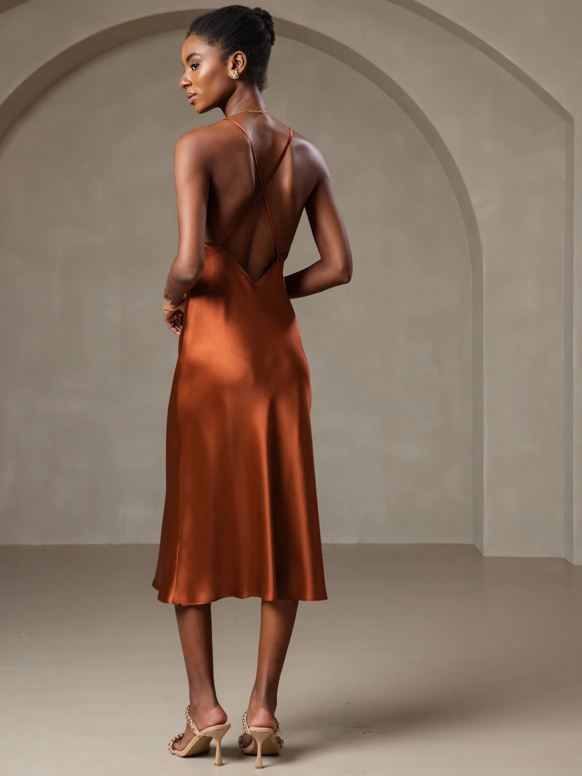 Pure Silk Spaghetti Strap V Neck Midi Dress with Criss Cross Back Design - Image 15