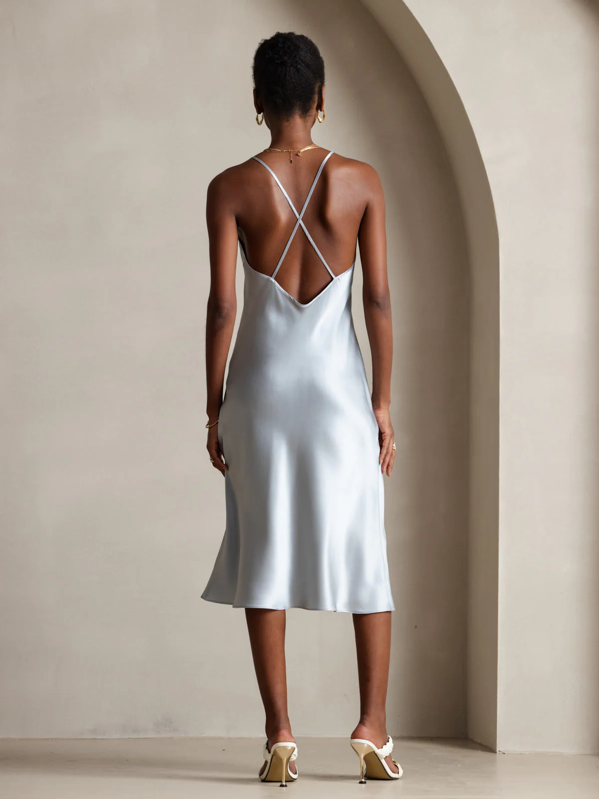 Pure Silk Spaghetti Strap V Neck Midi Dress with Criss Cross Back Design - Image 2