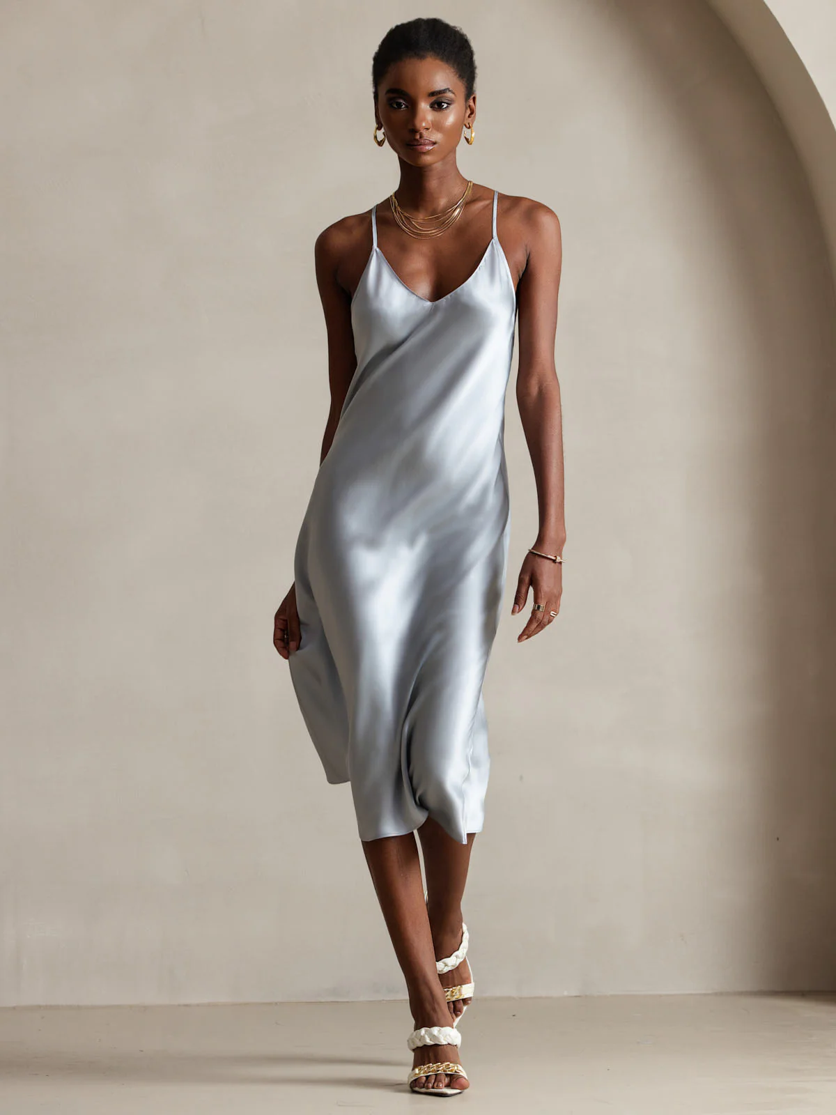 Pure Silk Spaghetti Strap V Neck Midi Dress with Criss Cross Back Design - Image 4