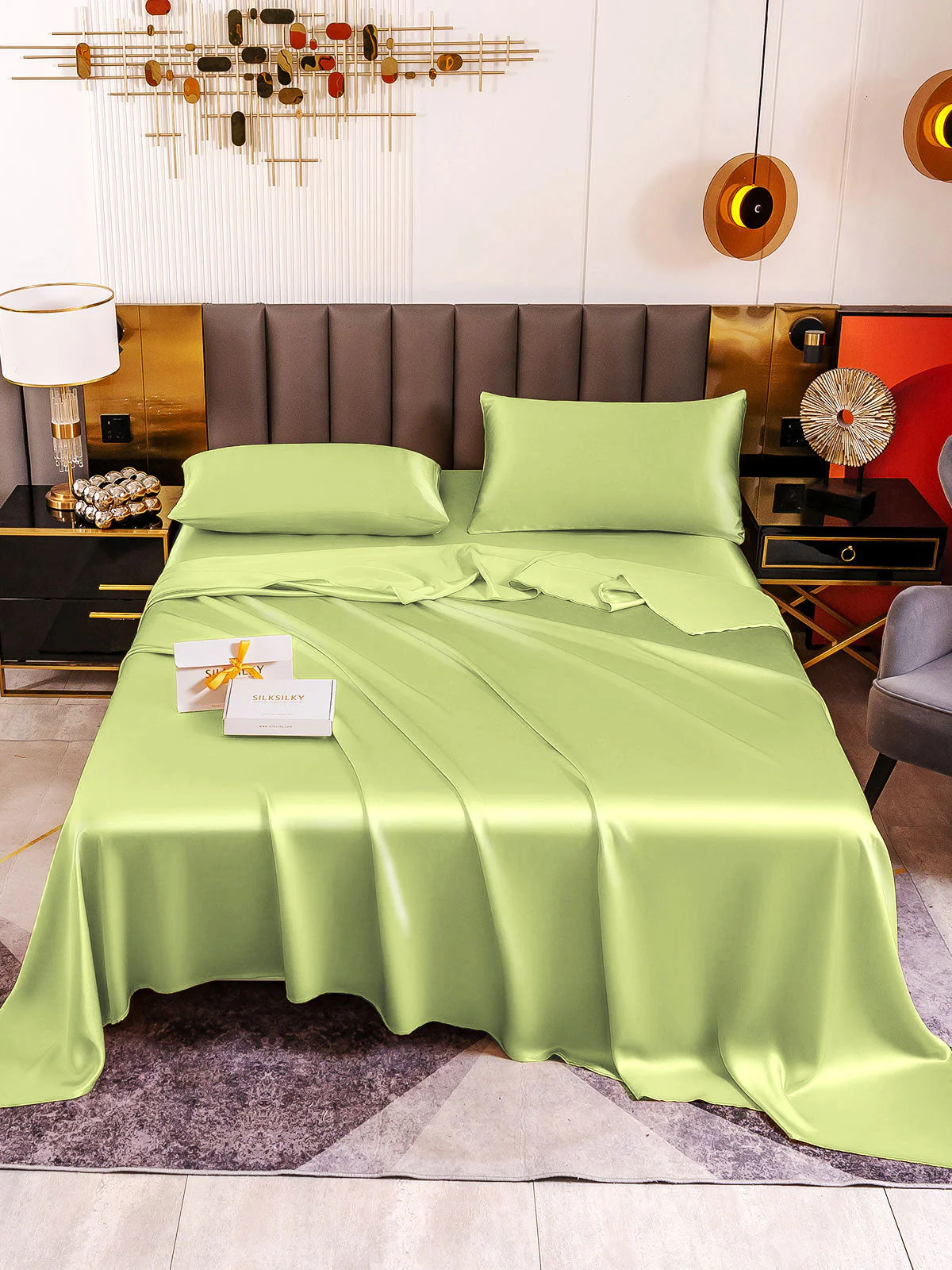 19Momme 4Pcs Silk Set Fitted&Flat Sheets+2x Pillowcases - Image 100