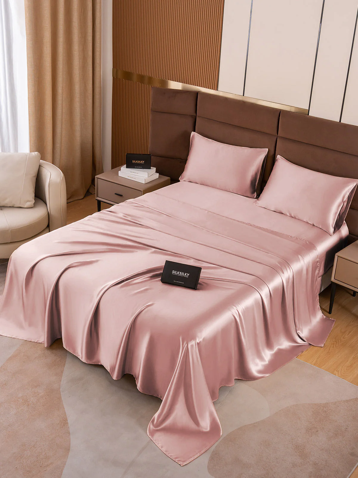 19Momme 4Pcs Silk Set Fitted&Flat Sheets+2x Pillowcases - Image 35
