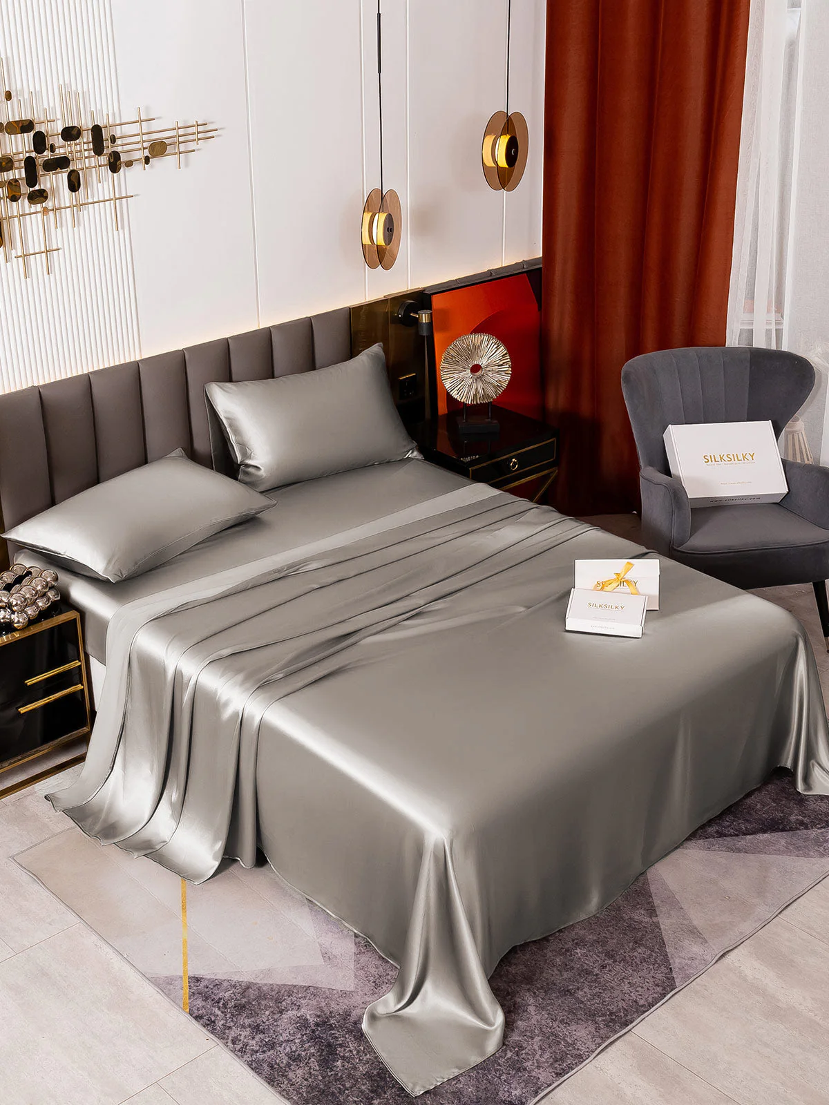 19Momme 4Pcs Silk Set Fitted&Flat Sheets+2x Pillowcases - Image 48