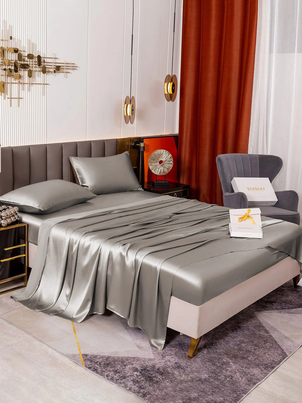 19Momme 4Pcs Silk Set Fitted&Flat Sheets+2x Pillowcases - Image 53