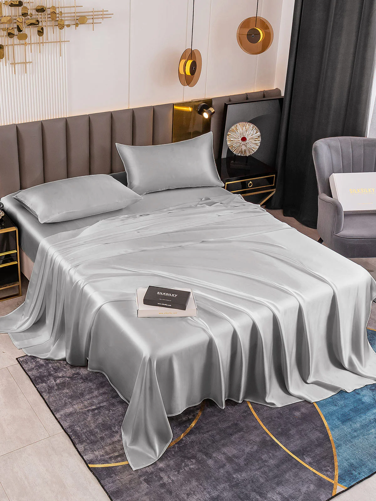 19Momme 4Pcs Silk Set Fitted&Flat Sheets+2x Pillowcases - Image 56