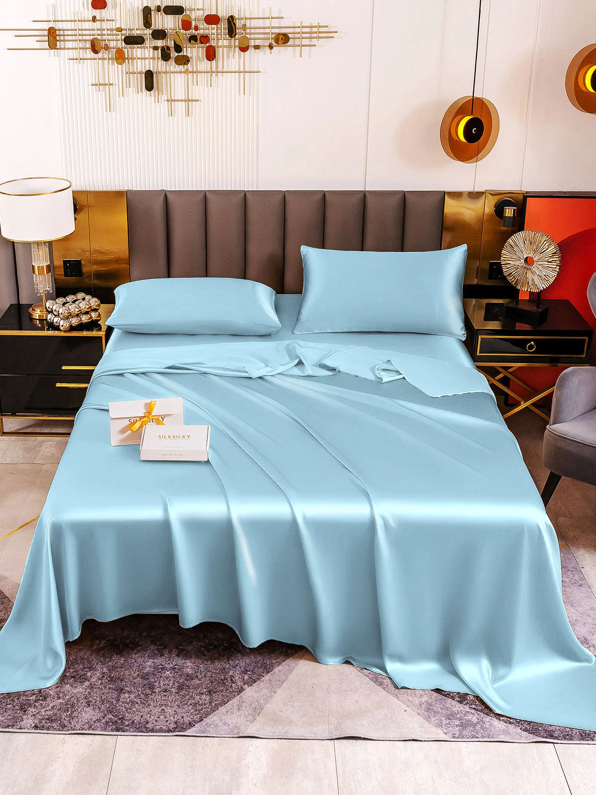19Momme 4Pcs Silk Set Fitted&Flat Sheets+2x Pillowcases - Image 81