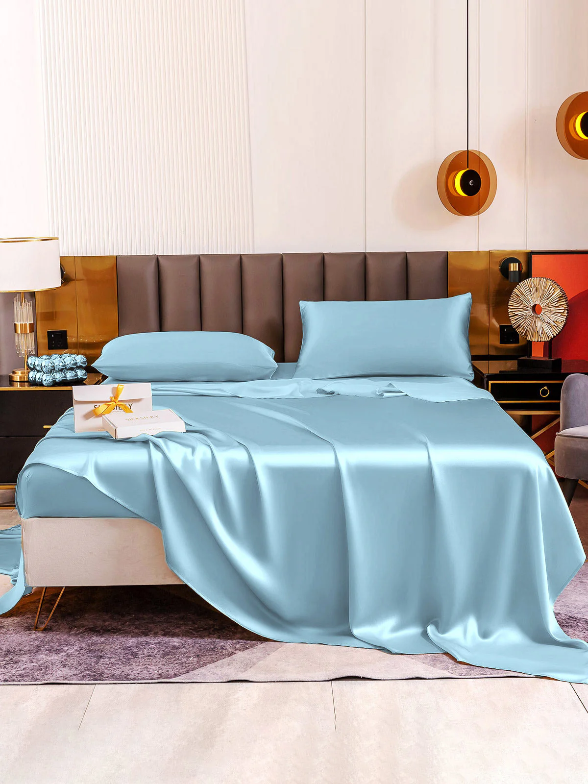 19Momme 4Pcs Silk Set Fitted&Flat Sheets+2x Pillowcases - Image 84
