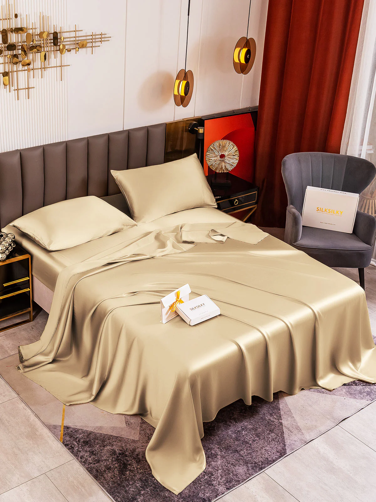19Momme 4Pcs Silk Set Fitted&Flat Sheets+2x Pillowcases - Image 86