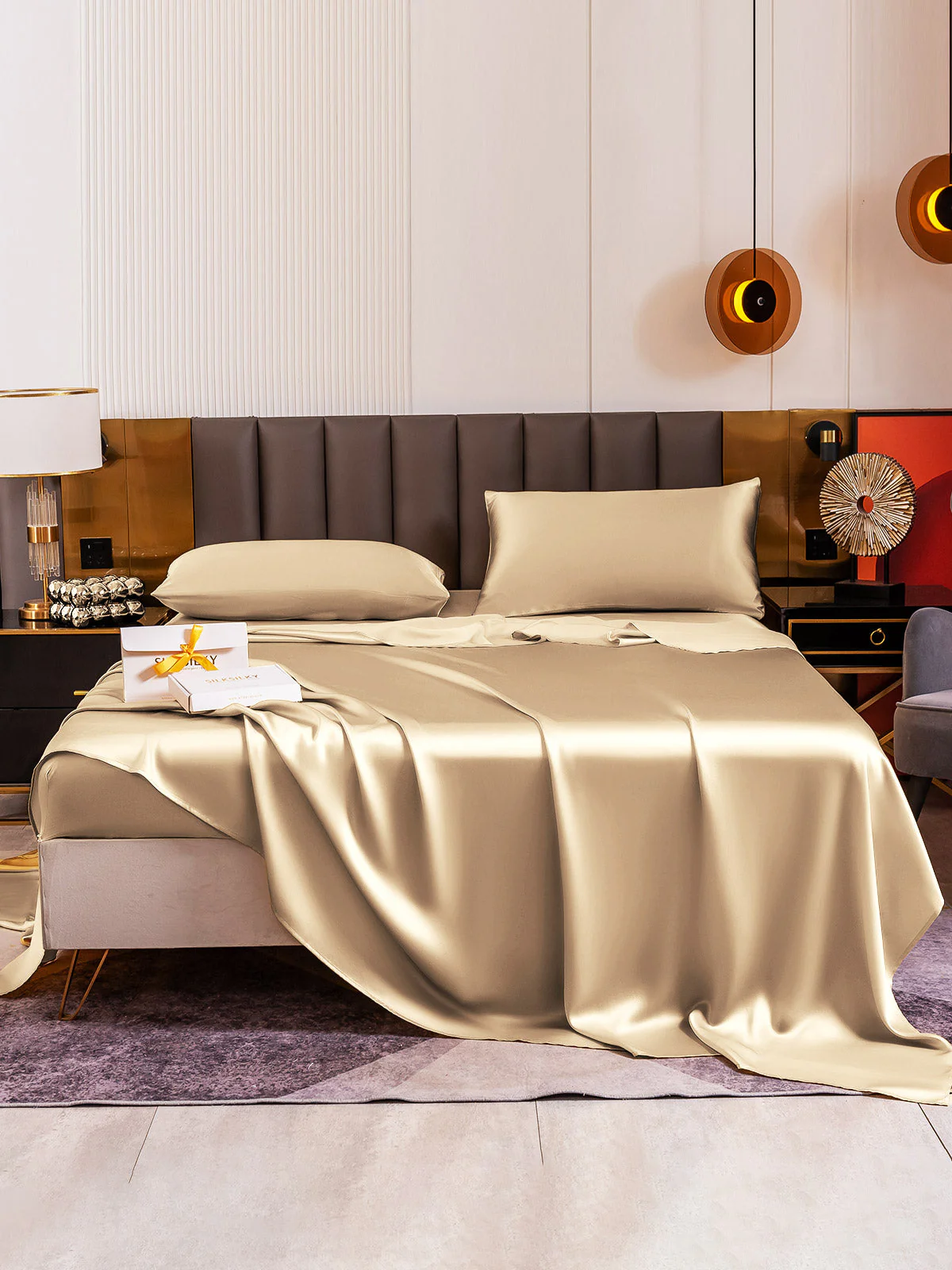 19Momme 4Pcs Silk Set Fitted&Flat Sheets+2x Pillowcases - Image 87