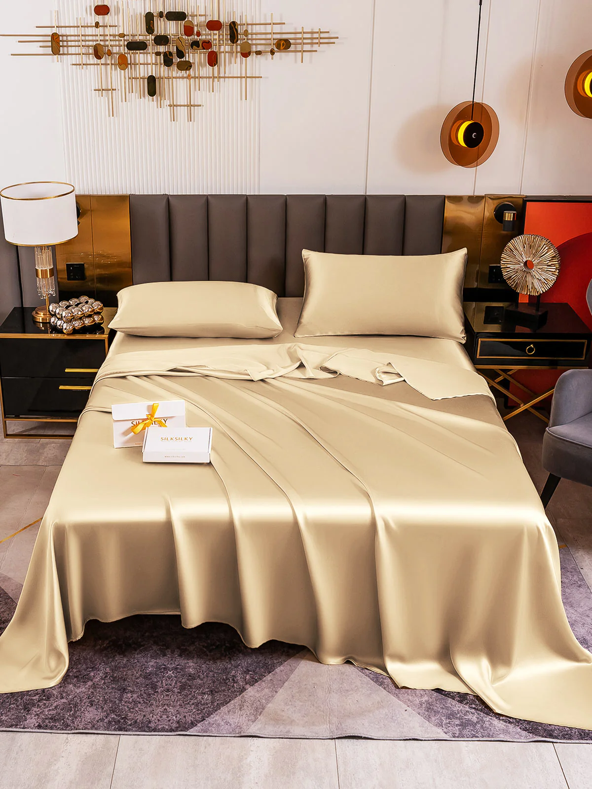 19Momme 4Pcs Silk Set Fitted&Flat Sheets+2x Pillowcases - Image 91