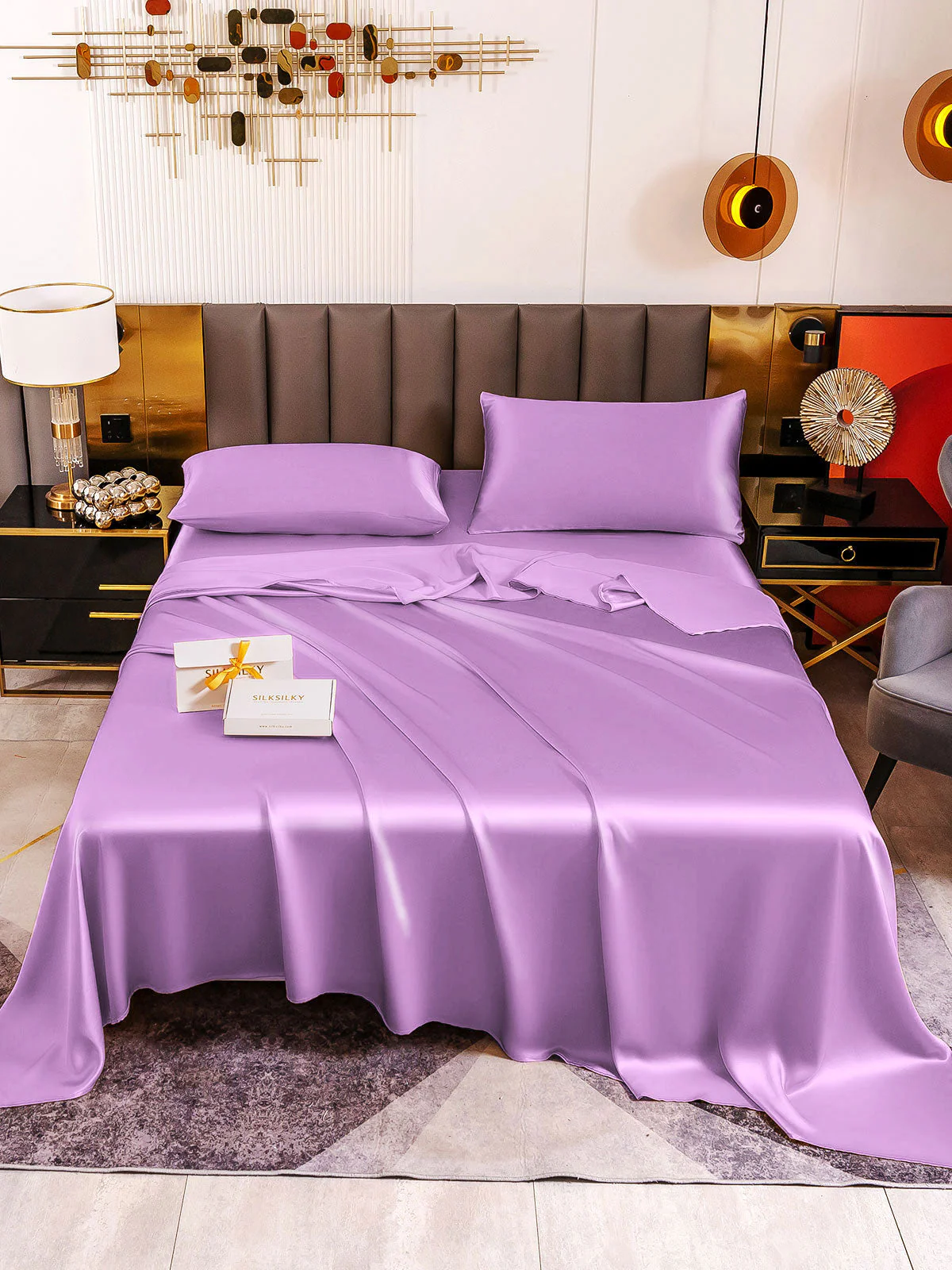 19Momme 4Pcs Silk Set Fitted&Flat Sheets+2x Pillowcases - Image 93