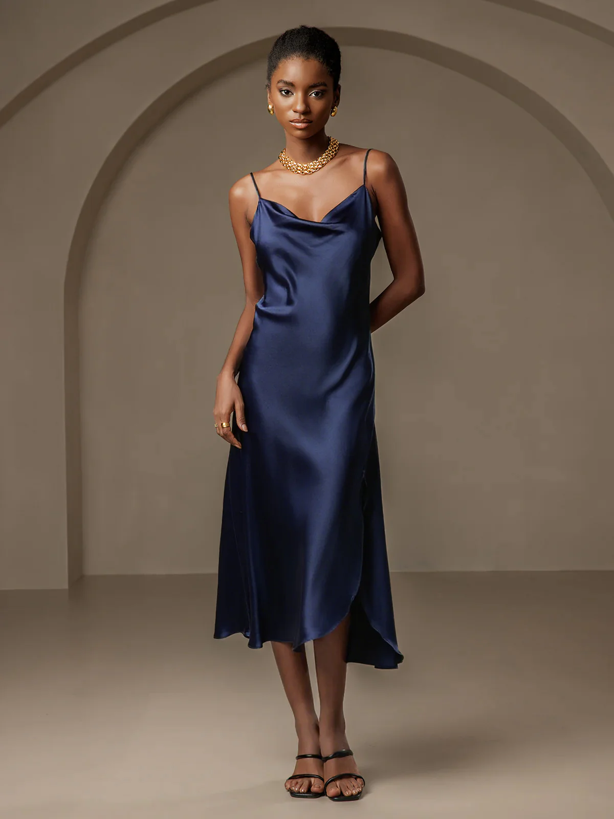 Pure Silk Spaghetti Strap Cowl Neck Bias Midi Dress with Split Design - Image 15
